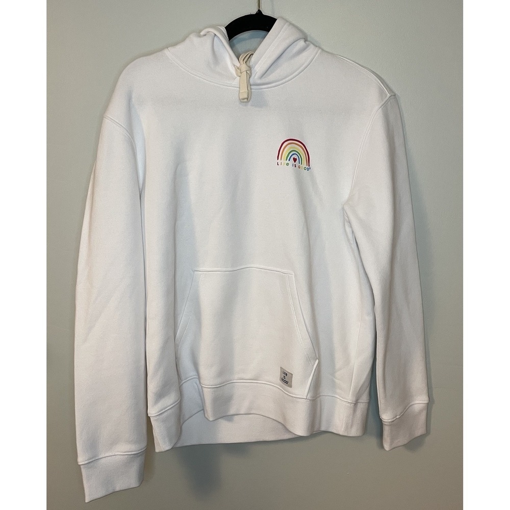 Life Is Good White Pullover Hoodie with Rainbow Chest Embroidery